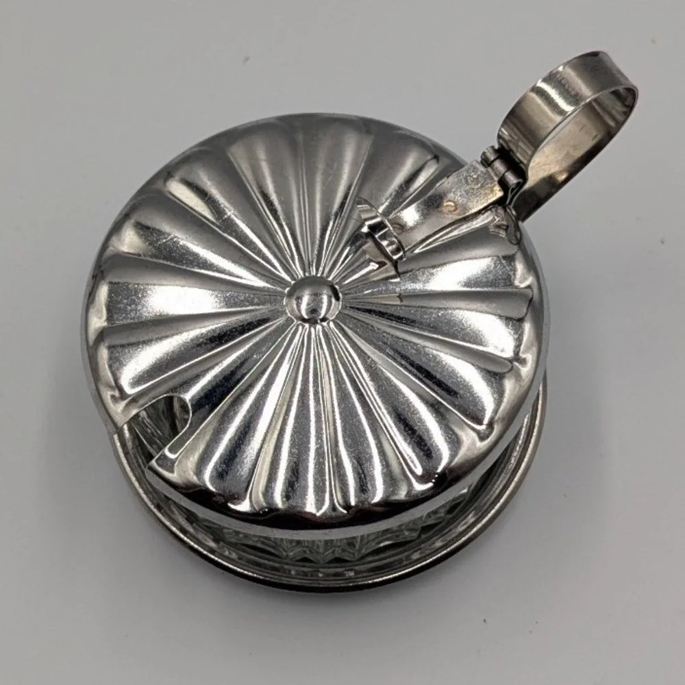 Vintage Jam Jar Glass and Chrome Fluted Hinged Lid Condiment Server OS